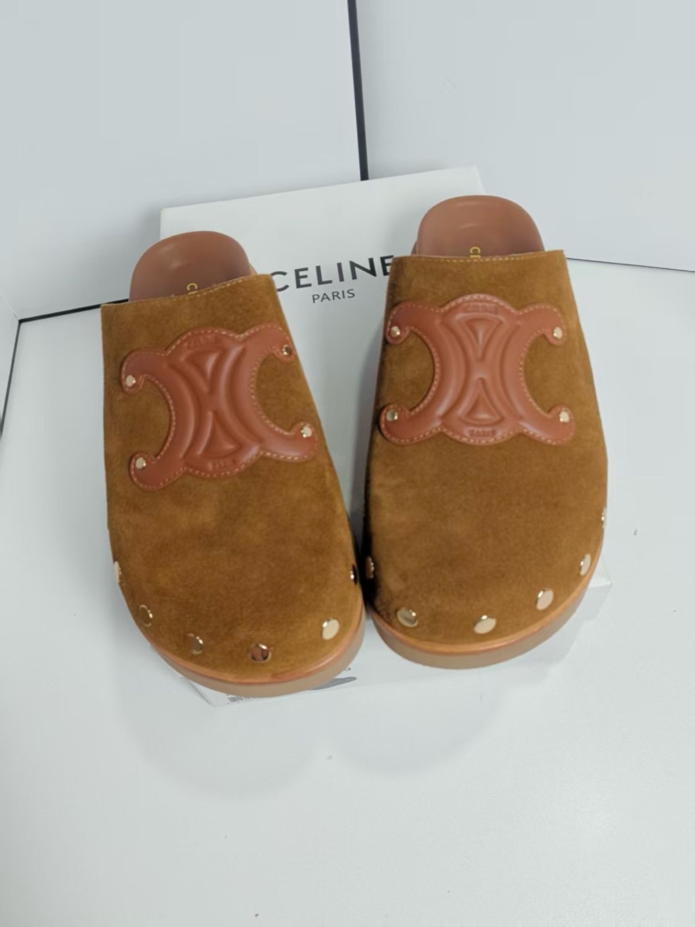 CELINE Tan Suede Triomphe Studded Clogs Mules Size 39 With Box
